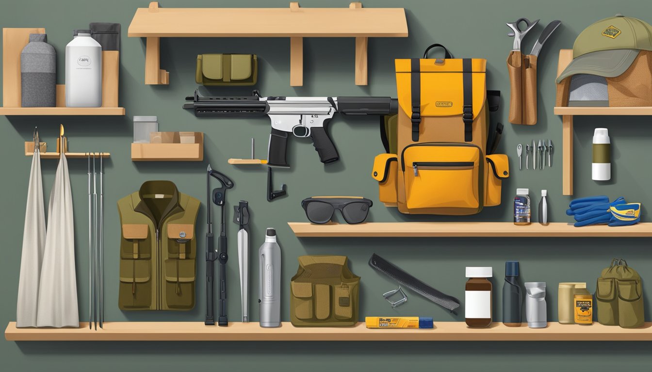 A field dressing kit displayed on a shelf at Walmart, surrounded by hunting gear and outdoor supplies