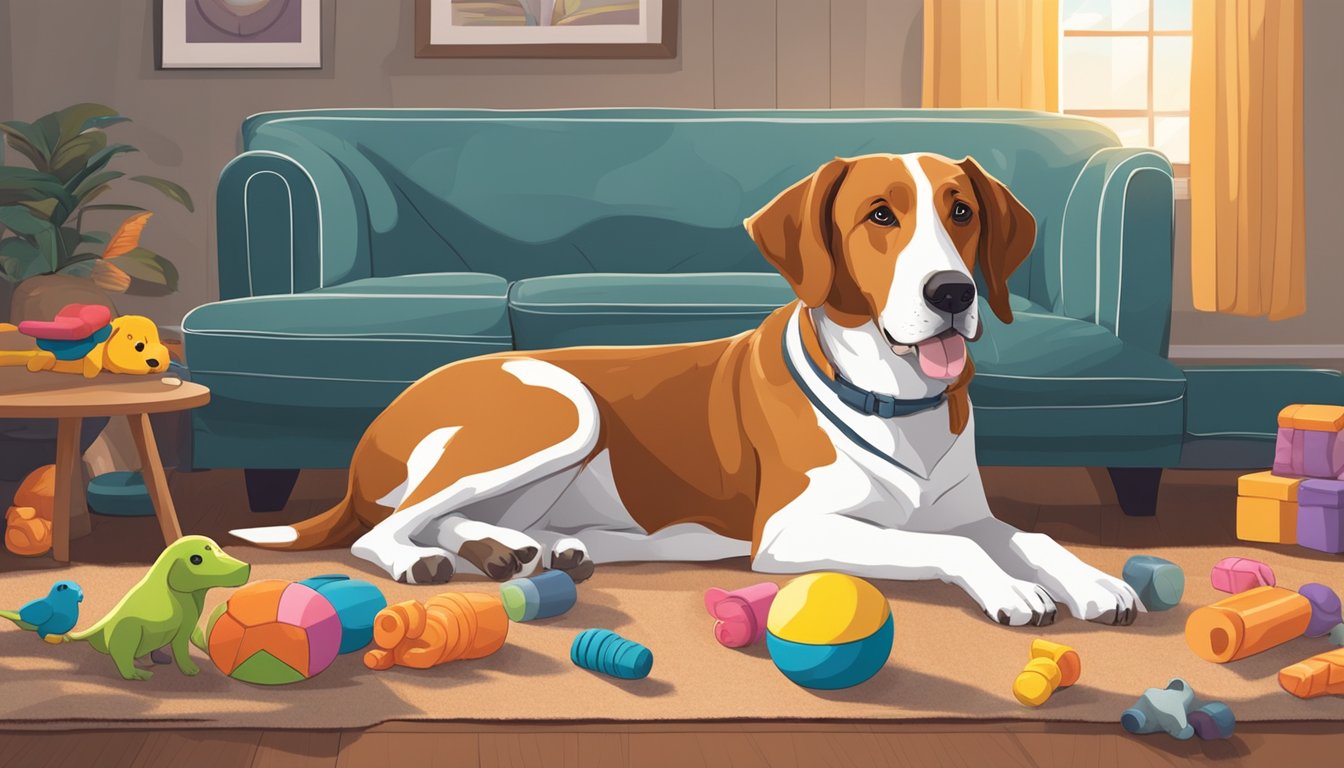 A hunting dog resting inside a cozy living room, surrounded by its toys and bed, with a content expression on its face