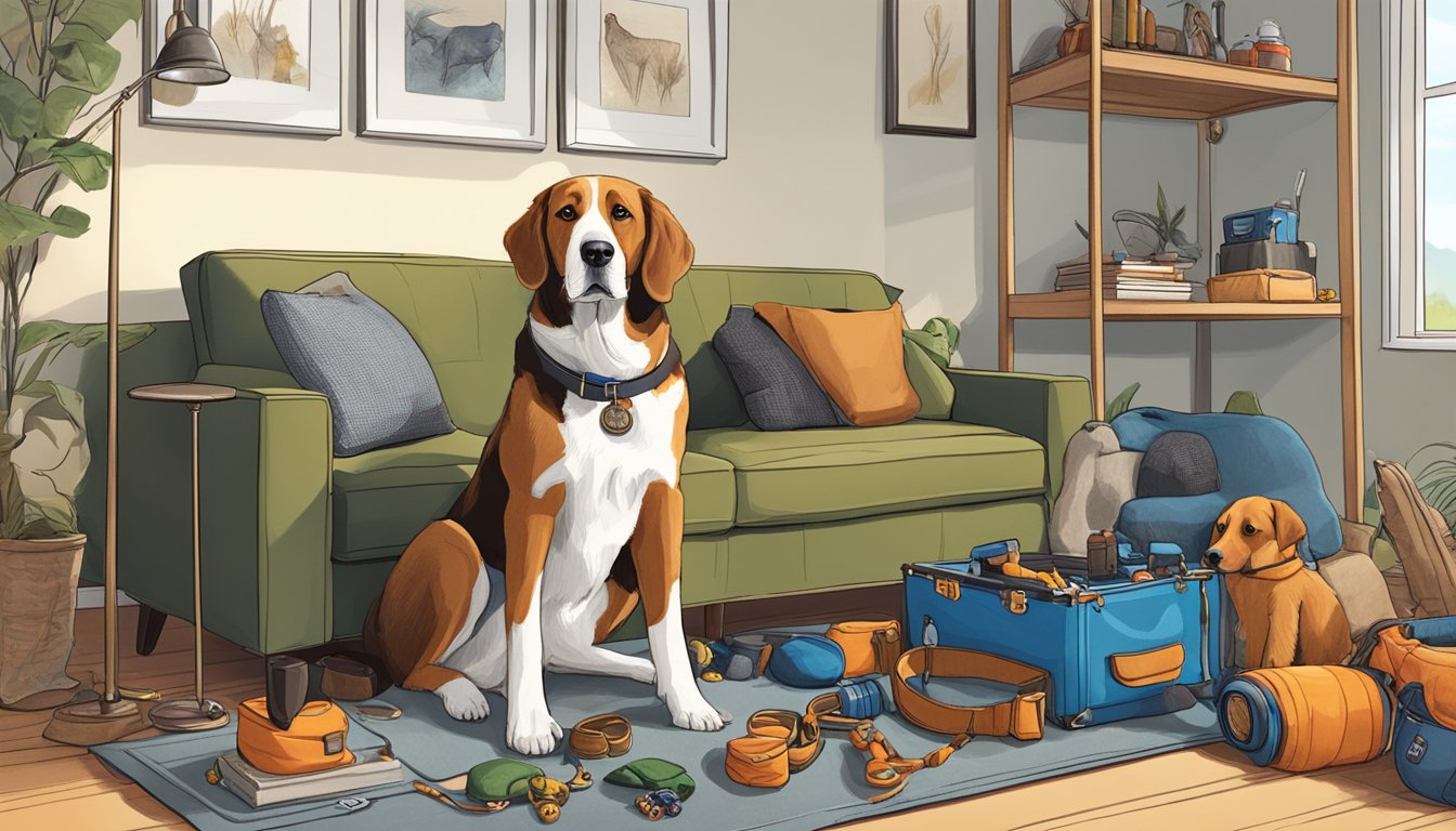 A hunting dog sits obediently inside a cozy living room, surrounded by its training gear and toys