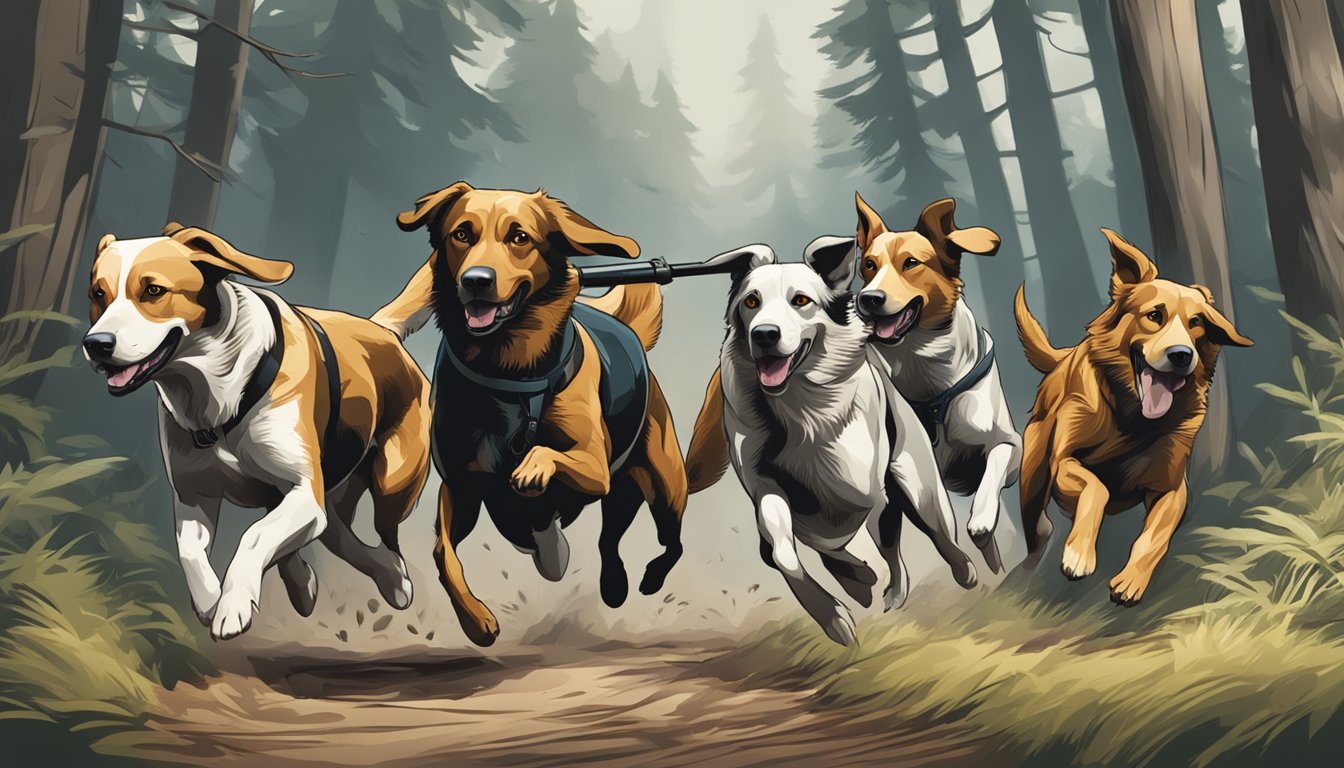 A group of hunting dogs running through a forest, their muscles toned from regular exercise