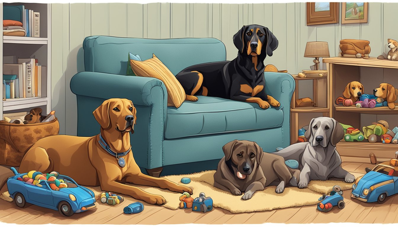 A family of hunting dogs lounging indoors, surrounded by toys and cozy beds