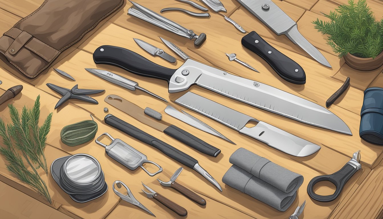 A hand reaching for a field dressing knife kit with various knives and tools laid out on a wooden table