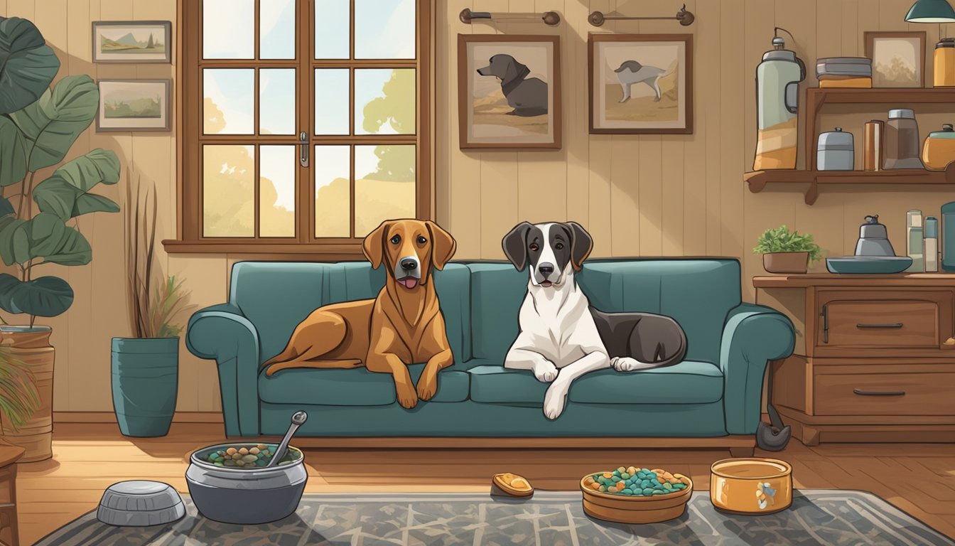 Two hunting dogs lounging in a cozy, well-maintained living room surrounded by their grooming supplies and a healthy dog food bowl