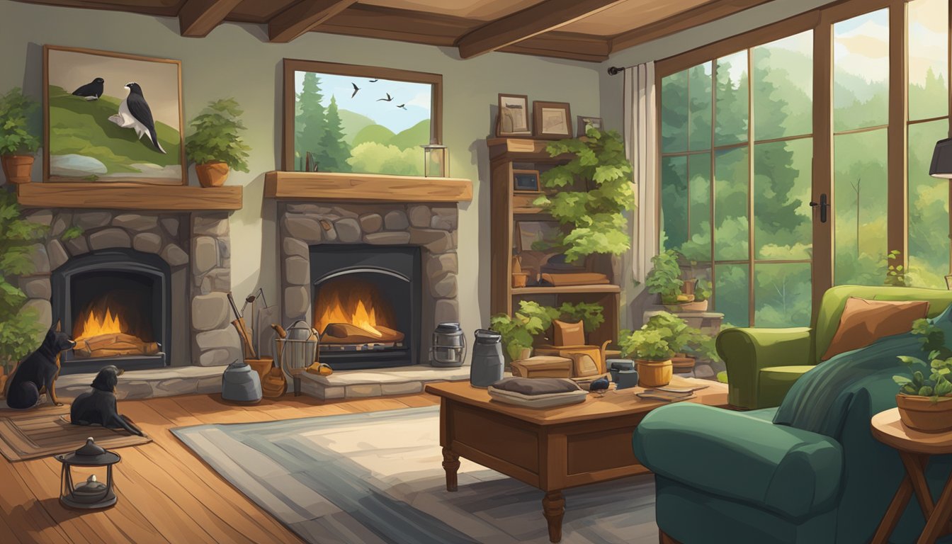 A cozy living room with a fireplace, dog bed, and hunting gear displayed on the wall. Outside, a lush green forest with a stream and birds flying overhead