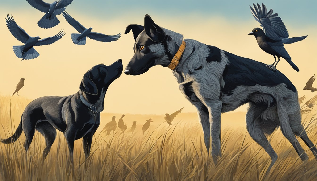 Two hunting dogs sniffing around a group of wild birds in a field