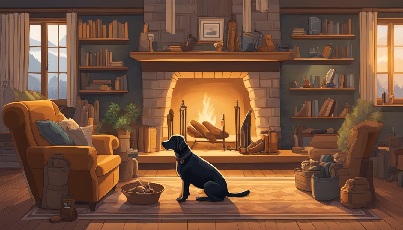 A cozy living room with a hunting dog resting by the fireplace, surrounded by hunting gear and a family discussing whether hunting dogs can also be inside dogs