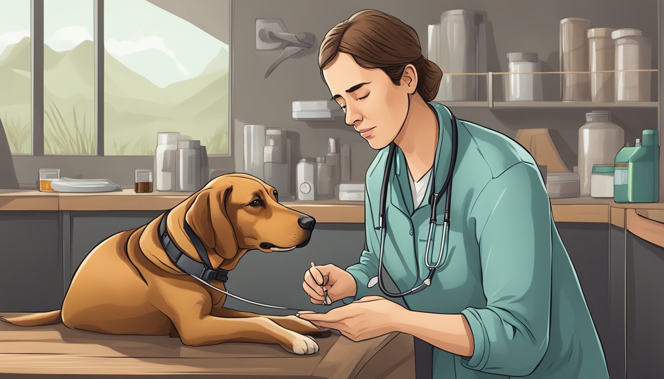 A hunting dog with flu symptoms, including coughing and lethargy, being examined by a veterinarian