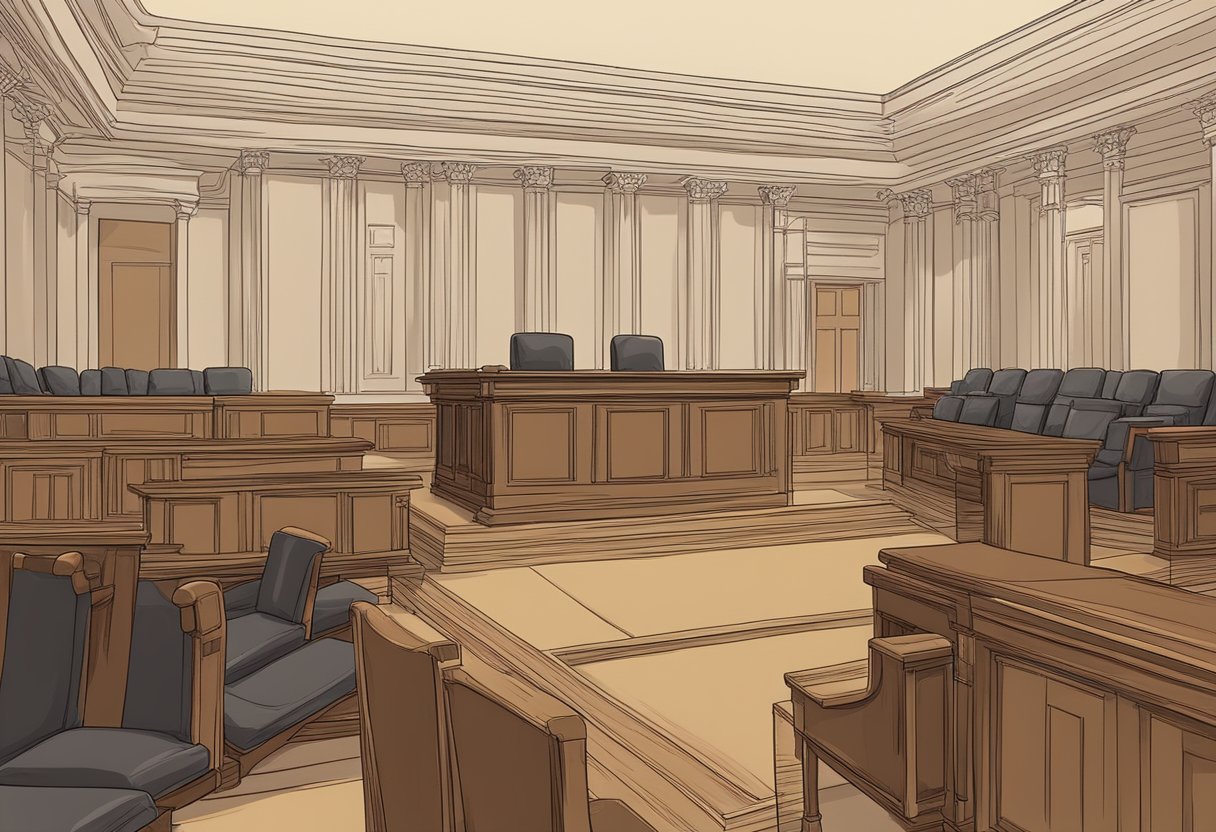 Court room ,right left side chair and in the centre judge table 