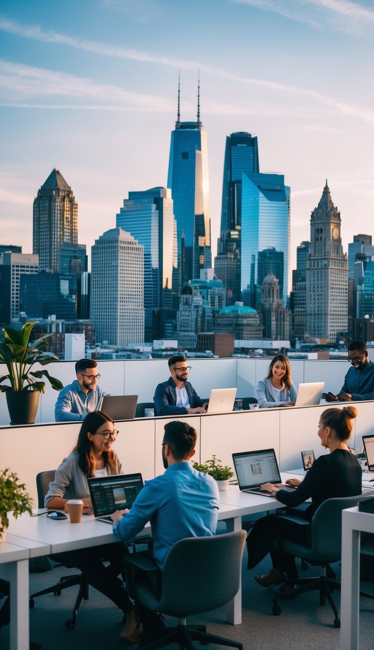 A bustling city skyline with various freelance workers collaborating in modern co-working spaces, utilizing technology to connect and work remotely