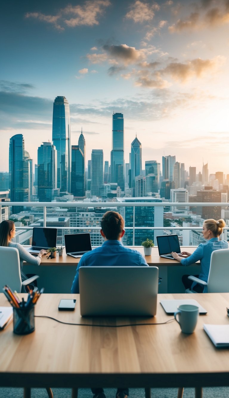 A modern, bustling city skyline with various businesses and freelancers working from home, showcasing the flexibility and success of freelance careers in 2025