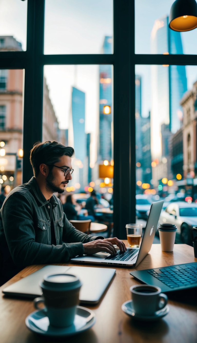 A person working on a laptop at a cozy coffee shop, surrounded by modern technology and a bustling cityscape outside the window