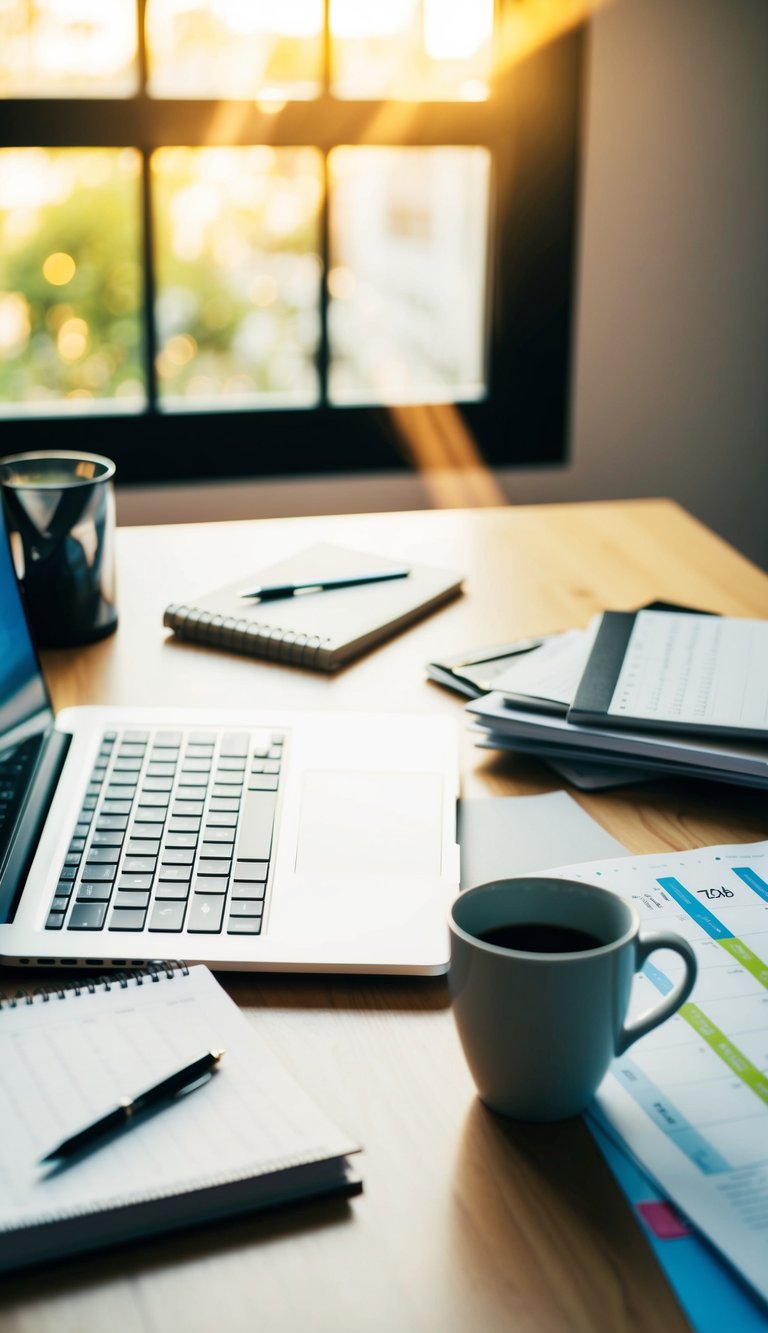 A modern laptop on a clutter-free desk, surrounded by a calendar, a stack of papers, and a mug of coffee. Sunlight streams through a window, casting a warm glow on the scene