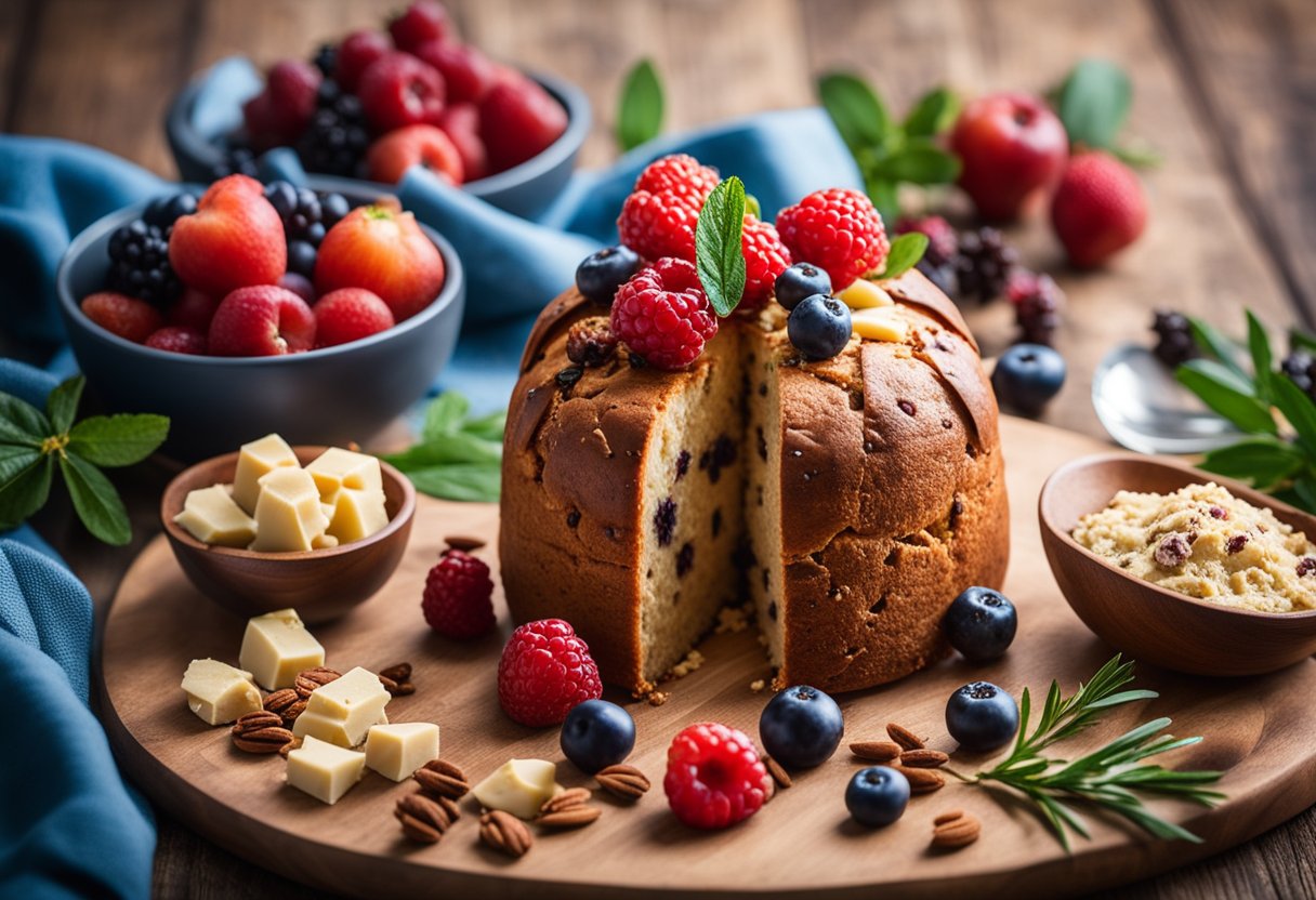 Um panetone rico em proteínas com frutas vermelhas e soro de leite, cercado por ingredientes frescos e um fundo de cozinha vibrante