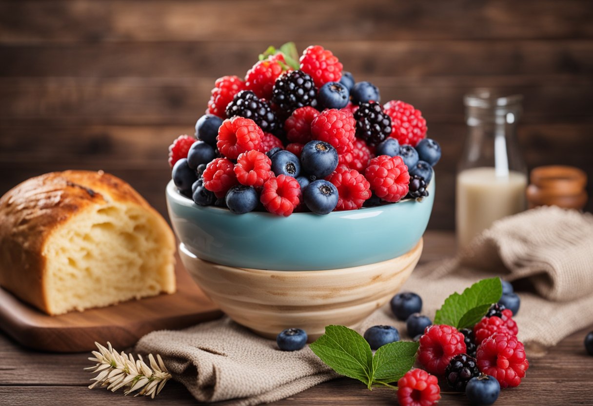 Um panetone colorido com frutas vermelhas e whey protein está sobre uma mesa rústica de madeira, cercado por ingredientes frescos e uma tigela de mistura.