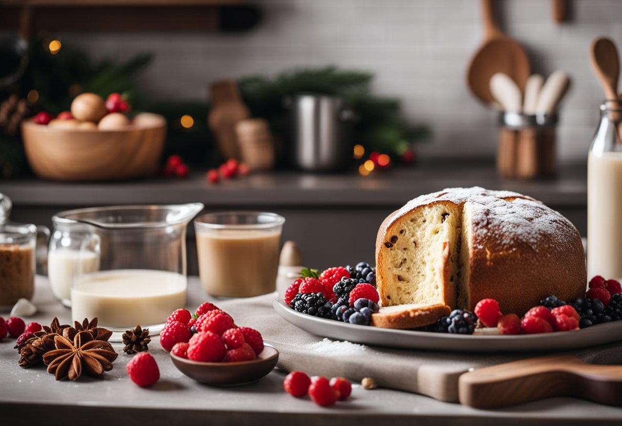 Uma cena festiva de cozinha com ingredientes para panetone de proteína, incluindo frutas vermelhas, whey protein e utensílios de confeitaria em uma bancada limpa.