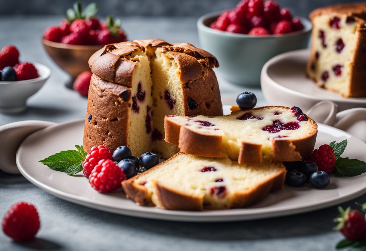 Uma mesa festiva decorada com um panetone proteico cercado por frutas vermelhas vibrantes e um pote de whey protein.