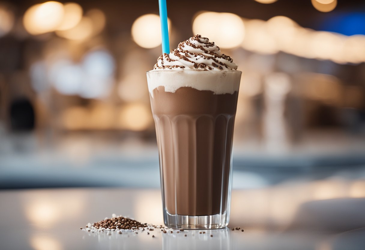 Um copo alto cheio de um milkshake de chocolate cremoso, coberto com uma pitada de proteína em pó e um canudo.