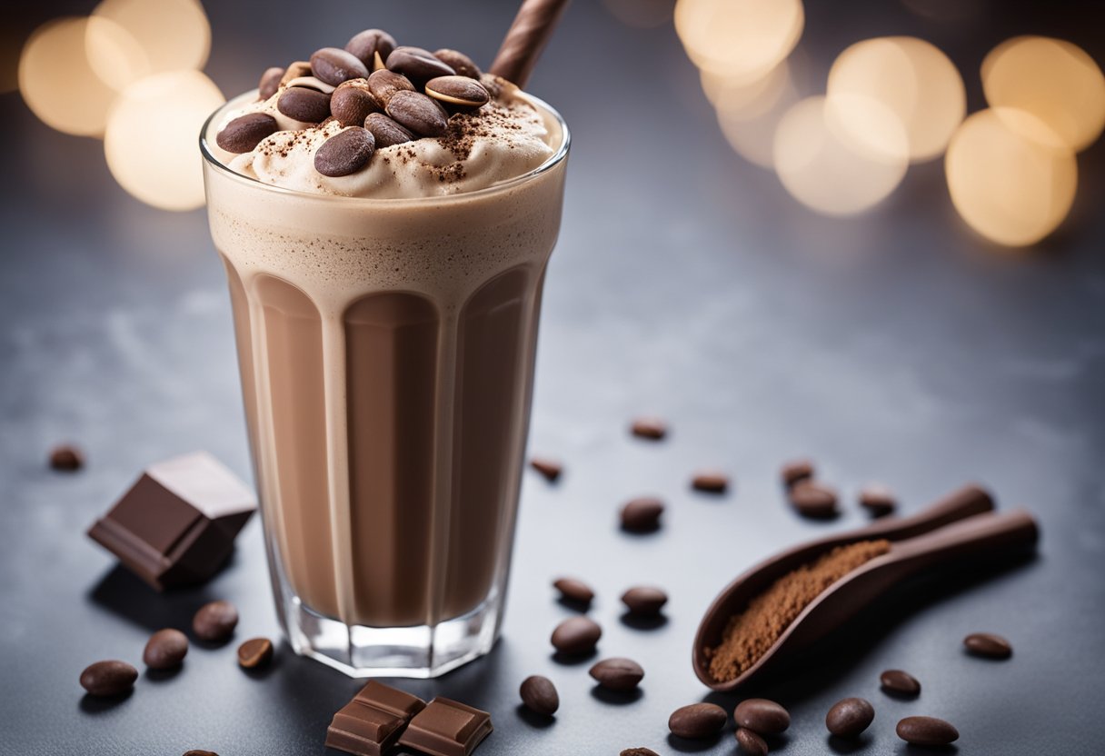 Um copo alto cheio de milkshake de chocolate cremoso coberto com uma bola de proteína em pó, cercado por grãos de cacau frescos e uma pitada de pó de cacau.