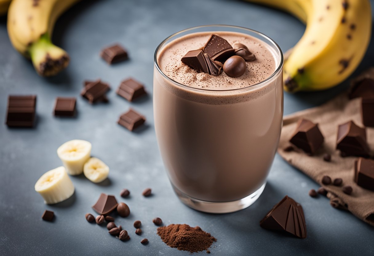 Um copo cheio de um milkshake de chocolate feito com whey protein em pó de baixa caloria, cercado por ingredientes frescos como bananas e cacau em pó.
