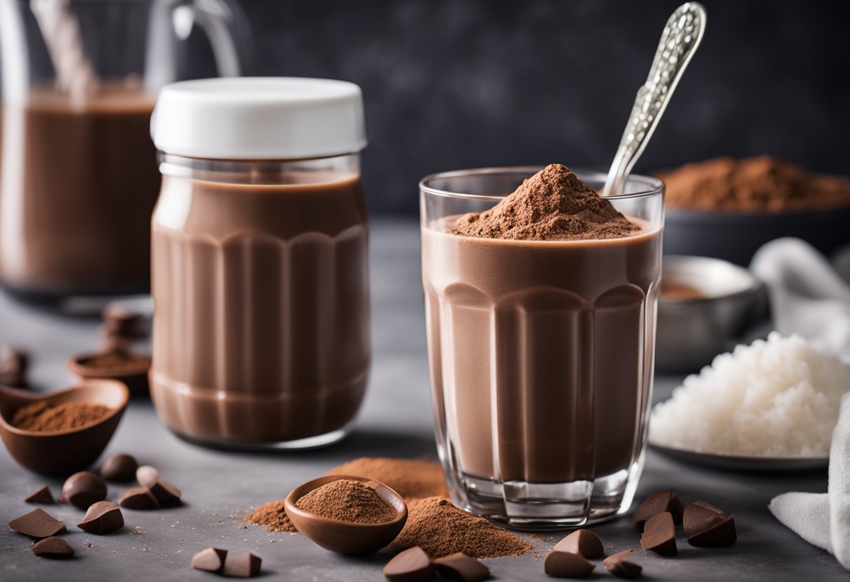 Um liquidificador cheio de proteína de soro de leite de chocolate em pó, leite desnatado e cubos de gelo. Uma xícara medidora de cacau em pó sem açúcar e uma colher de estévia estão próximas.