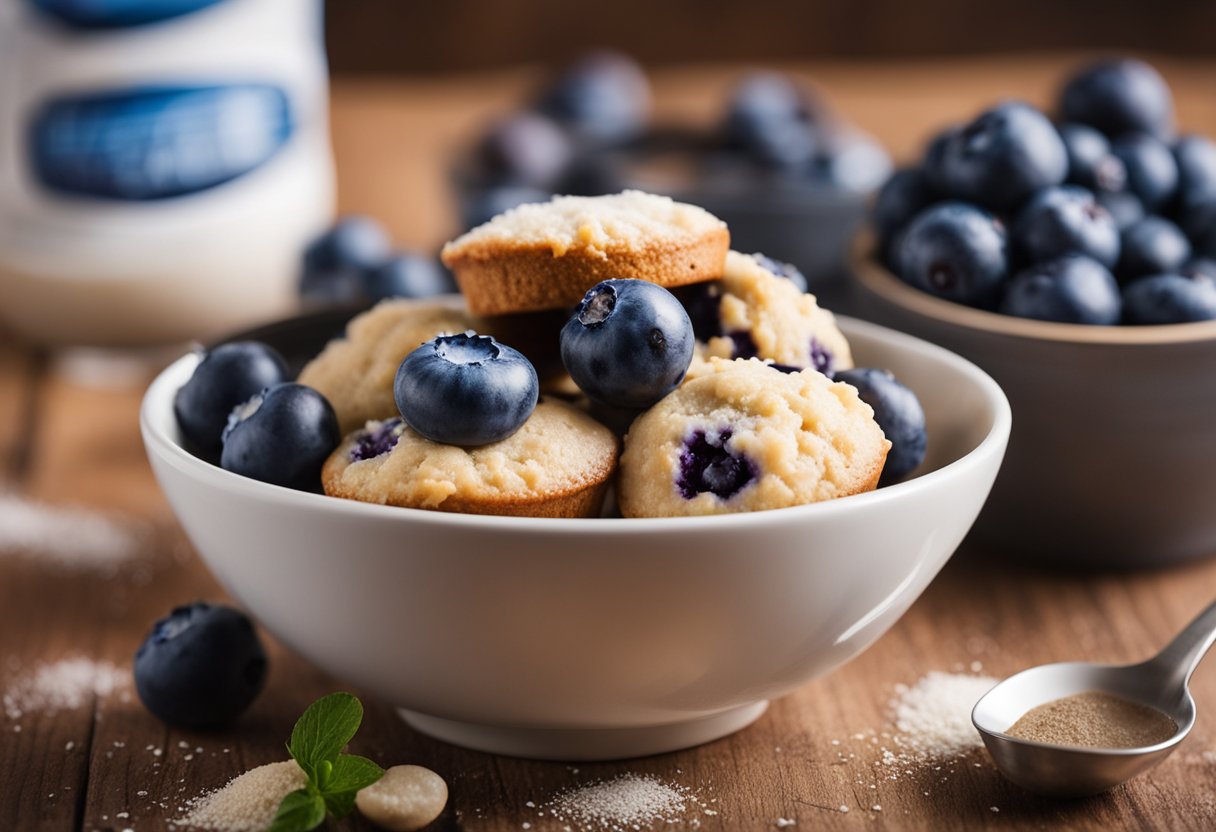 Um muffin de mirtilo sendo misturado em uma tigela com proteína de soro de leite em pó e outros ingredientes saudáveis.
