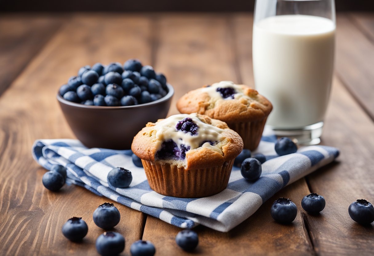 Um muffin de proteína de mirtilo com uma colher de pó de proteína de soro de leite ao lado de um copo de leite e um punhado de mirtilos frescos em uma mesa de madeira