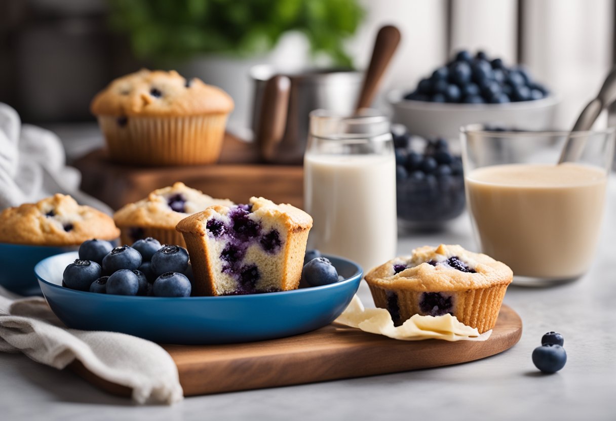 Uma bancada de cozinha com ingredientes como mirtilos, proteína em pó e utensílios de confeitaria. Um livro de receitas aberto em uma página intitulada "Muffin de Mirtilo com Proteína Whey."