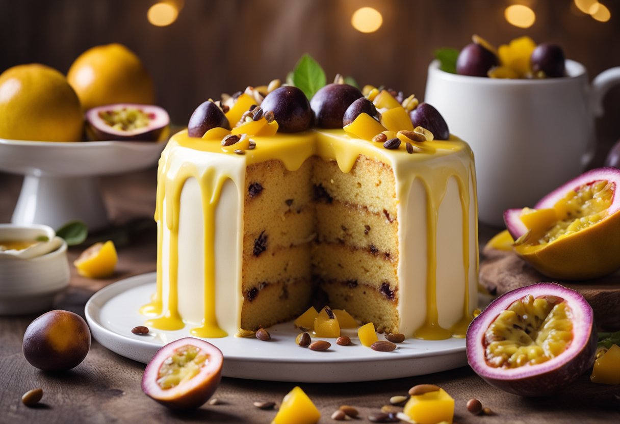 Um bolo vibrante de maracujá com uma suave ganache de chocolate branco escorrendo pelas laterais, coberto com sementes de maracujá frescas.