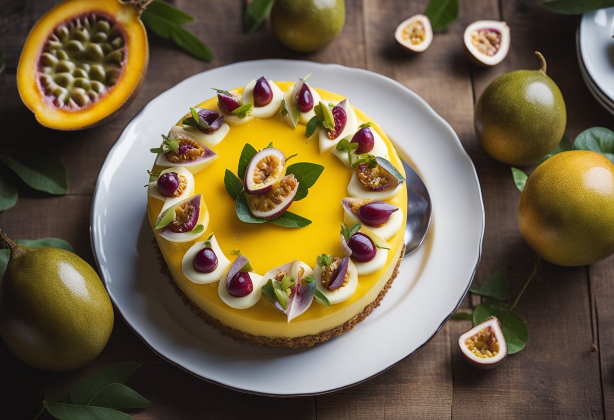 Um bolo de maracujá repousa sobre uma mesa rústica de madeira, coberto com uma camada suave de ganache de chocolate branco e cercado por maracujás frescos.
