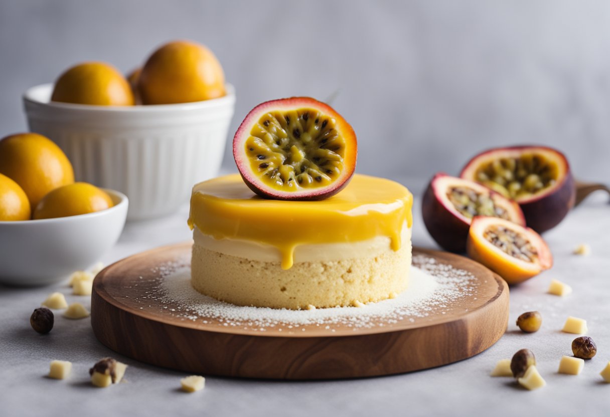 Um bolo de maracujá coberto com ganache de chocolate branco, com uma tigela de maracujá e uma barra de chocolate branco ao lado.