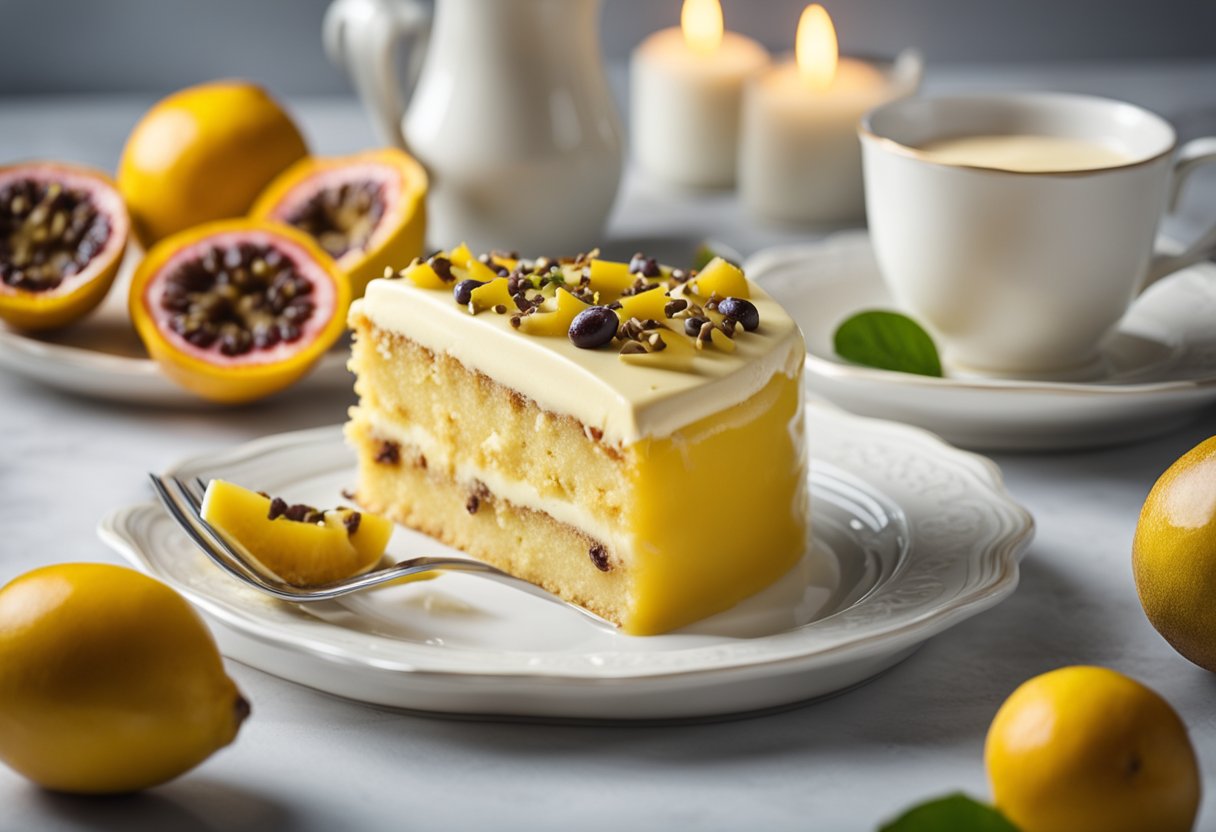 Uma mesa lindamente decorada com um delicioso bolo de maracujá coberto com ganache de chocolate branco
