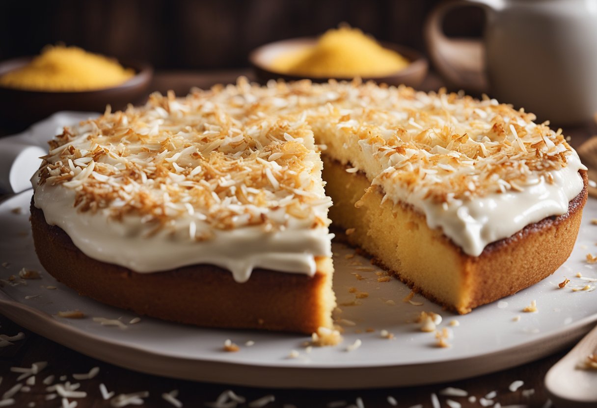 Uma mesa de cozinha rústica com um bolo de fubá cremoso recém-assado, coberto com coco ralado e regado com leite condensado.