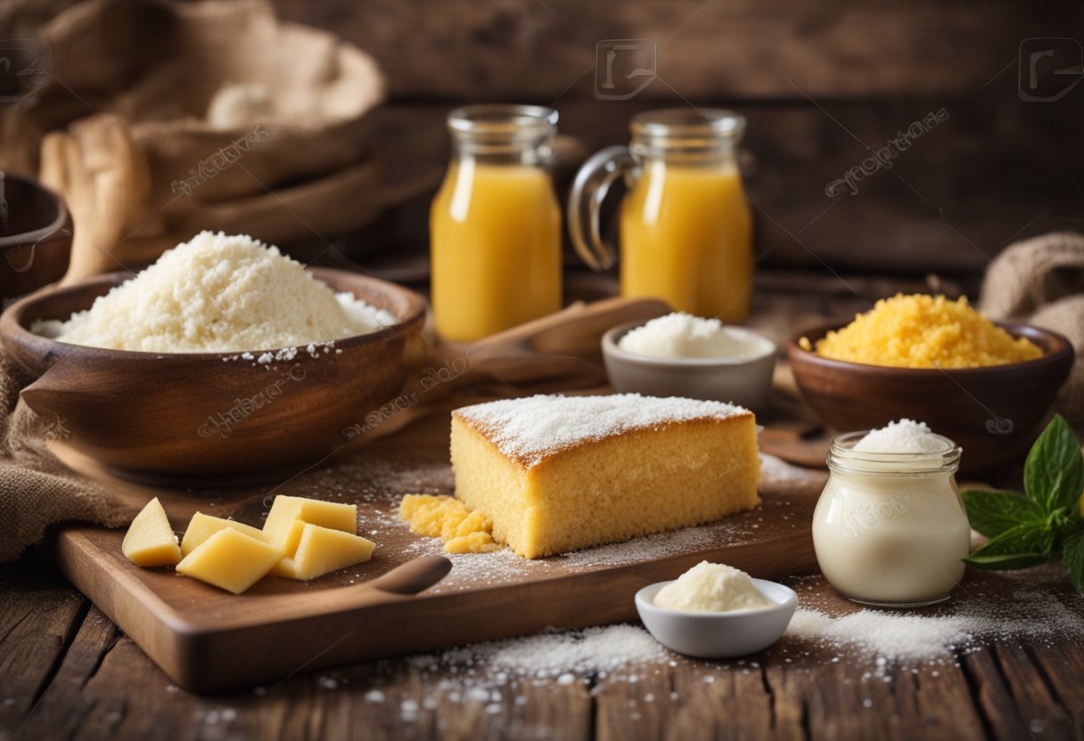 Uma cozinha rústica com uma mesa de madeira vintage decorada com ingredientes para um bolo de fubá cremoso com coco e leite condensado