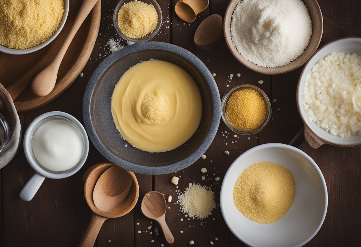 Uma bancada de cozinha rústica com ingredientes para bolo de fubá cremoso: fubá, coco e leite condensado, ao lado de uma tigela de mistura e uma colher de madeira.
