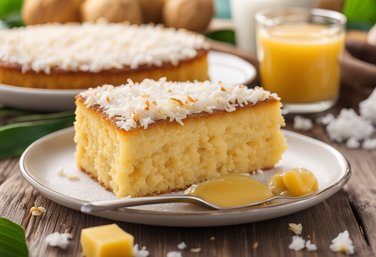 Um bolo cremoso de fubá com coco e leite condensado, rodeado por ingredientes como fubá, coco e uma lata de leite condensado.
