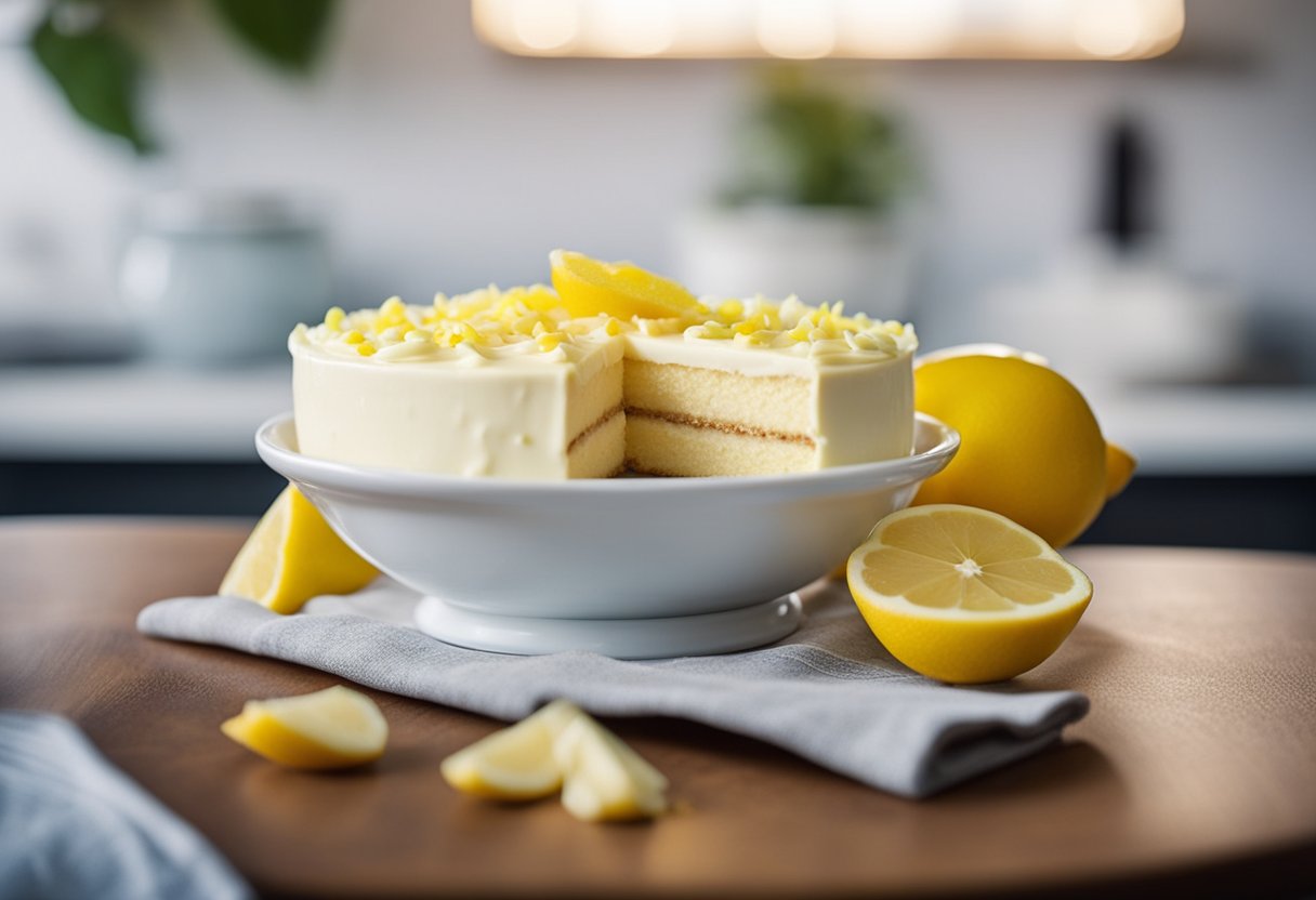 Uma tigela de chocolate branco, um limão ralado e ingredientes medidos em uma bancada de cozinha para um bolo de chocolate branco e limão siciliano.
