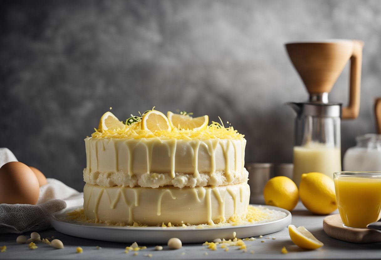 Um bolo de chocolate branco sendo preparado com raspas e suco de limão, cercado por ingredientes como farinha, ovos e uma tigela de mistura.
