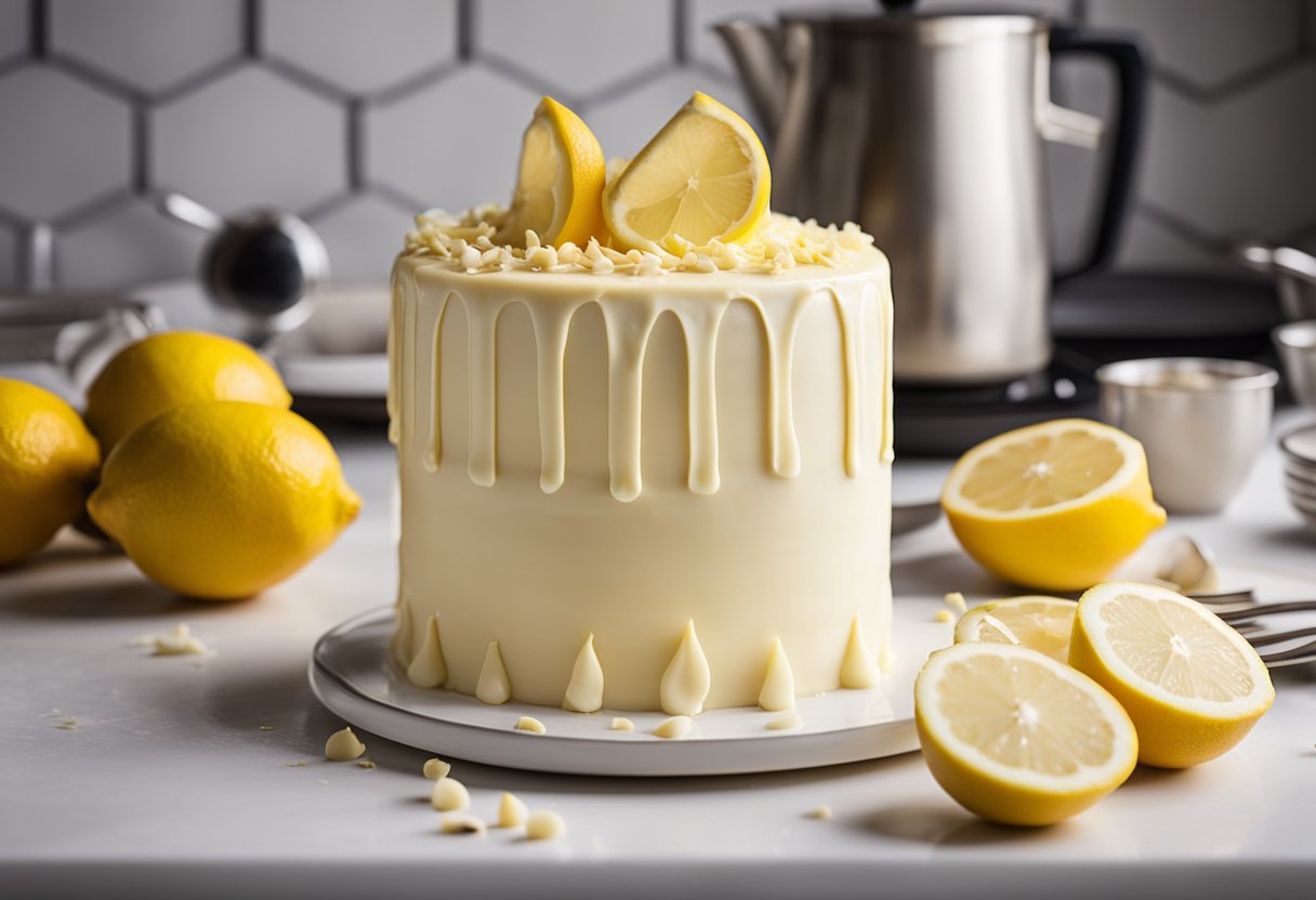 Um bolo siciliano de chocolate branco e limão sendo preparado em uma cozinha moderna e iluminada com ingredientes frescos e utensílios.