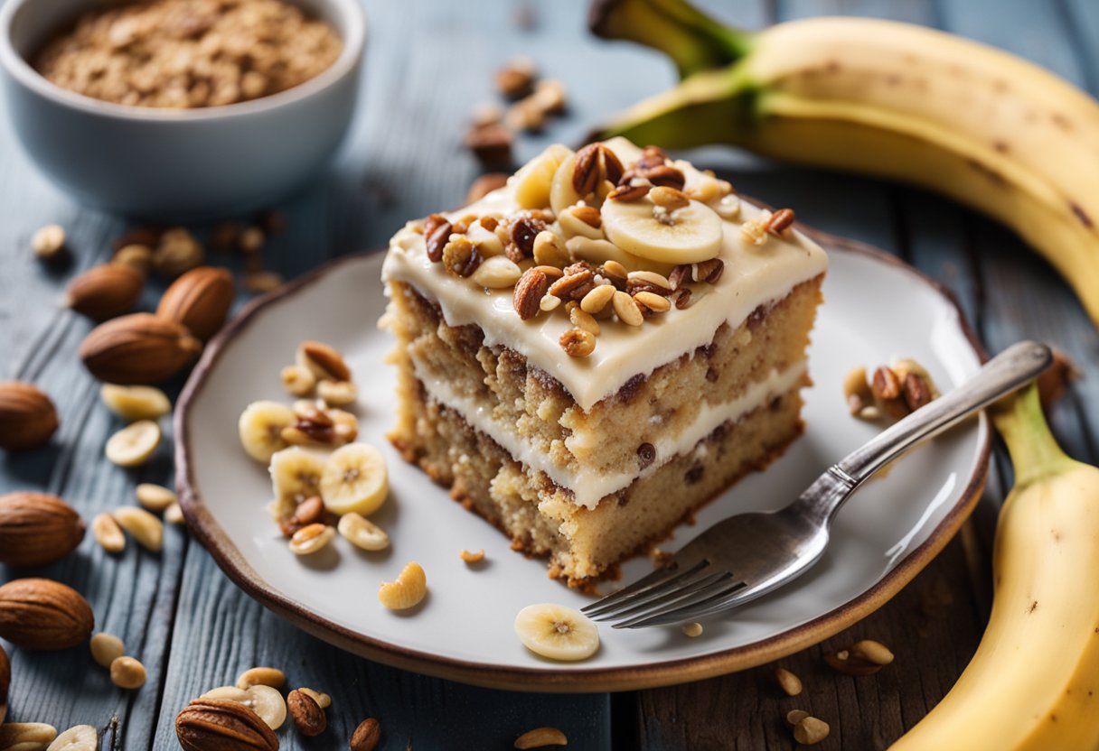 Um bolo vegano de banana com nozes está sobre uma mesa de madeira rústica, cercado por bananas frescas e salpicado com nozes picadas.