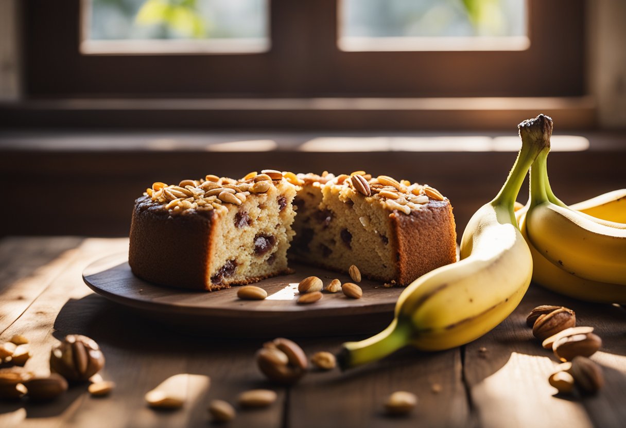 Uma mesa de madeira rústica com um bolo vegano de banana e nozes recém-assado, cercado por bananas maduras e nozes espalhadas. A luz do sol entra por uma janela próxima, lançando um brilho quente sobre a sobremesa.