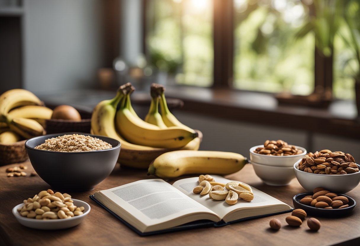 Uma bancada de cozinha de madeira com bananas maduras, uma tigela de nozes mistas e um livro de receitas aberto em uma página sobre bolo vegano de banana.