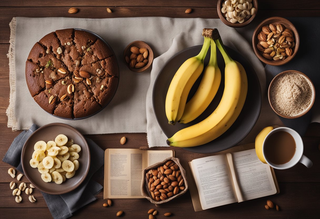 Uma bancada de cozinha rústica com um bolo de banana vegano recém-assado, coberto com nozes, cercado por ingredientes e um livro de receitas.