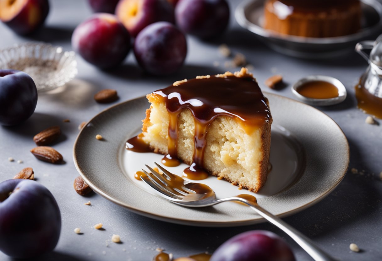 Um bolo de ameixa com molho de caramelo caseiro sendo derramado por cima, cercado por ameixas frescas e uma pitada de açúcar caramelizado