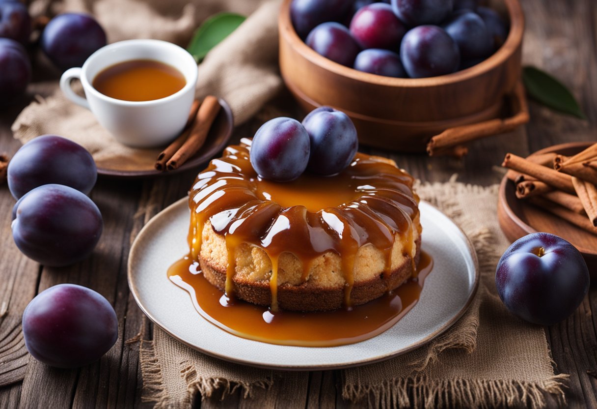 Um bolo de ameixa com molho de caramelo caseiro, cercado por ameixas frescas e paus de canela em uma mesa rústica de madeira.