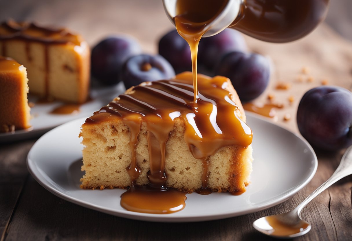 Um bolo de ameixa sendo regado com molho de caramelo caseiro