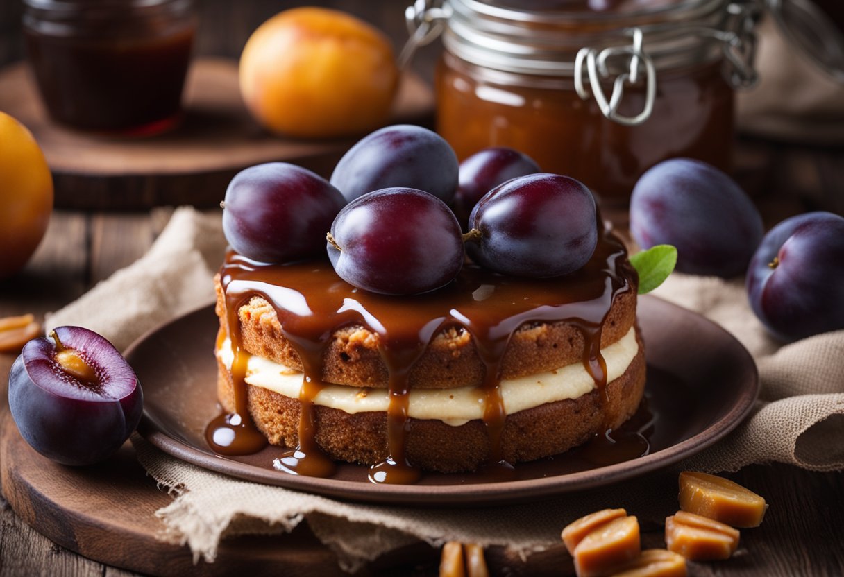 Um bolo de ameixa repousa sobre uma mesa rústica de madeira, coberto com molho de caramelo caseiro. Uma tigela de ameixas e um pote de caramelo estão próximos.