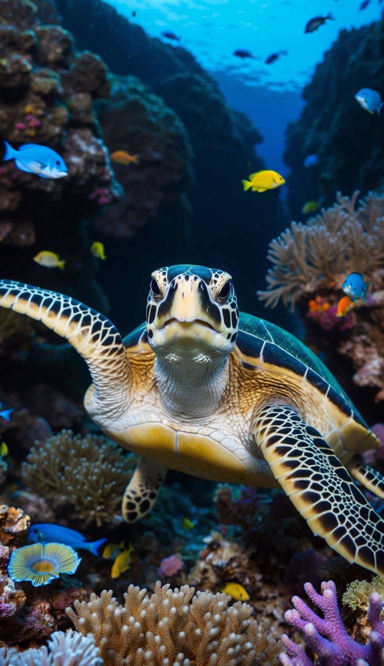 A loggerhead sea turtle swimming through a vibrant coral reef with various marine life surrounding it