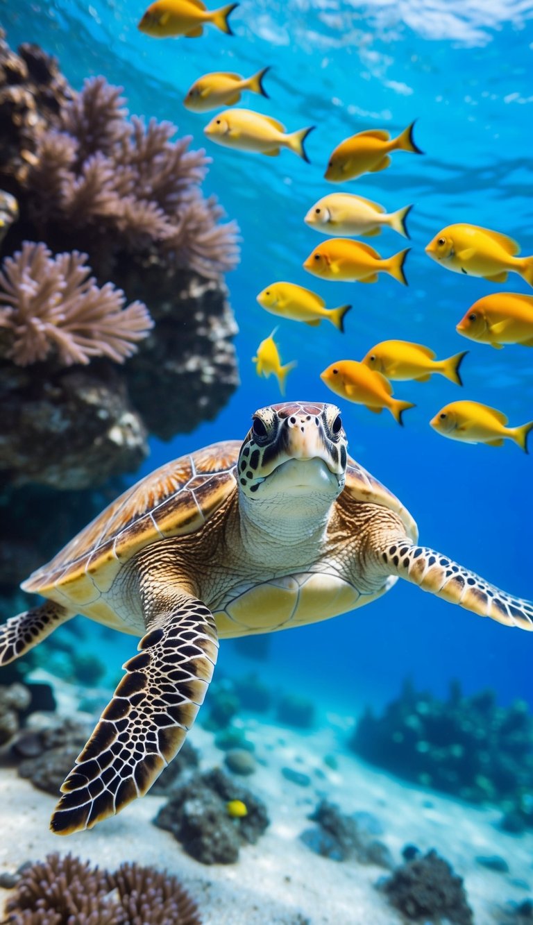 A loggerhead turtle swimming through clear blue waters, with a vibrant coral reef in the background and a school of colorful fish swimming alongside