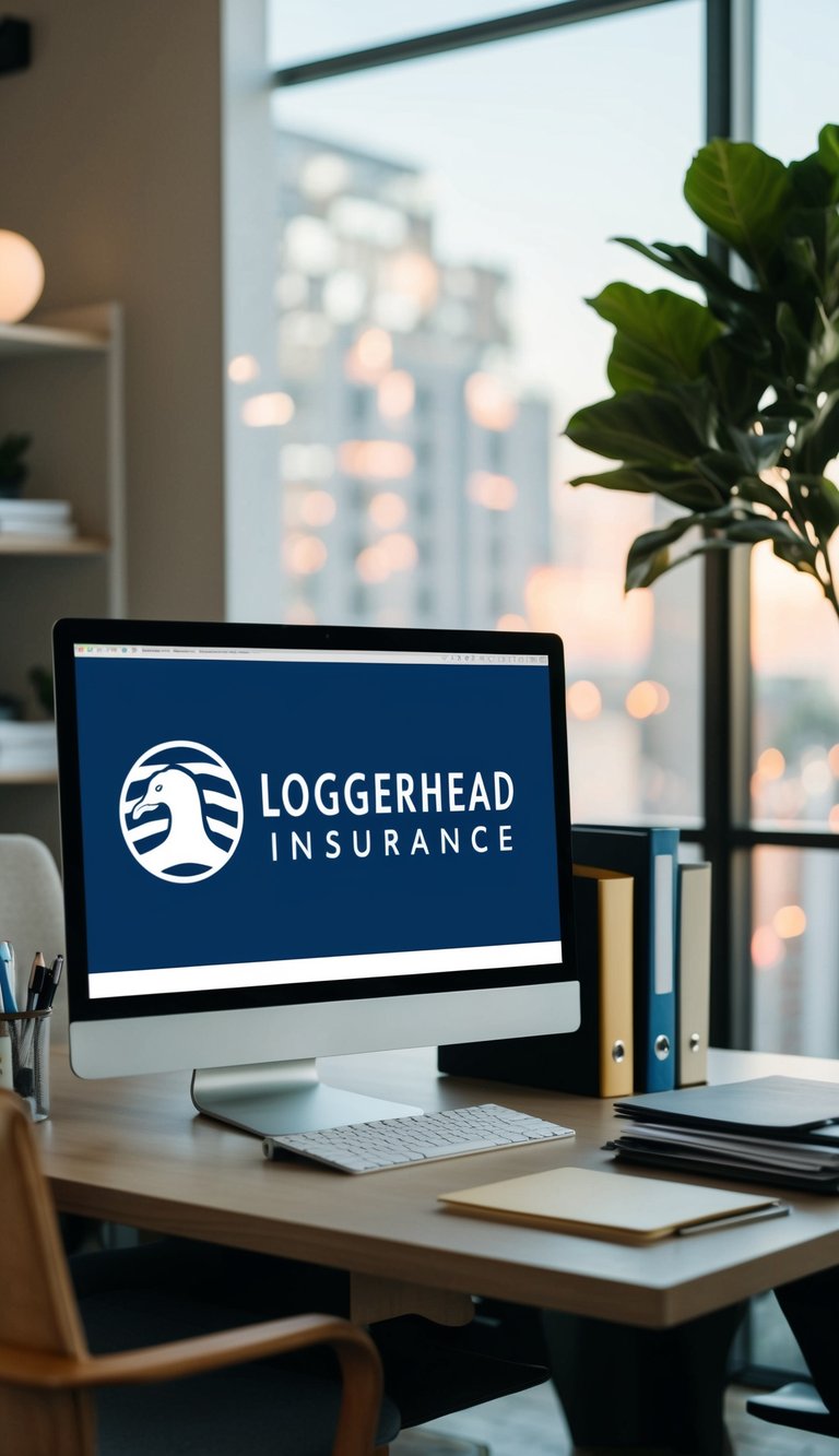 A desk with a computer, files, and a logo for Loggerhead Insurance