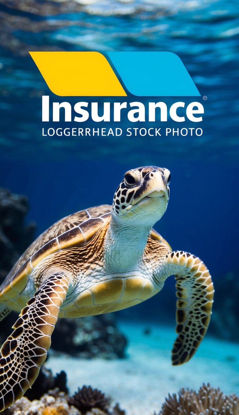 A loggerhead sea turtle swimming near a coral reef with the logo of "Insurance" in the background